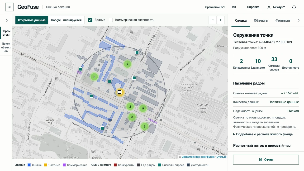 Панель результатов GeoFuse с категориями и отчетом