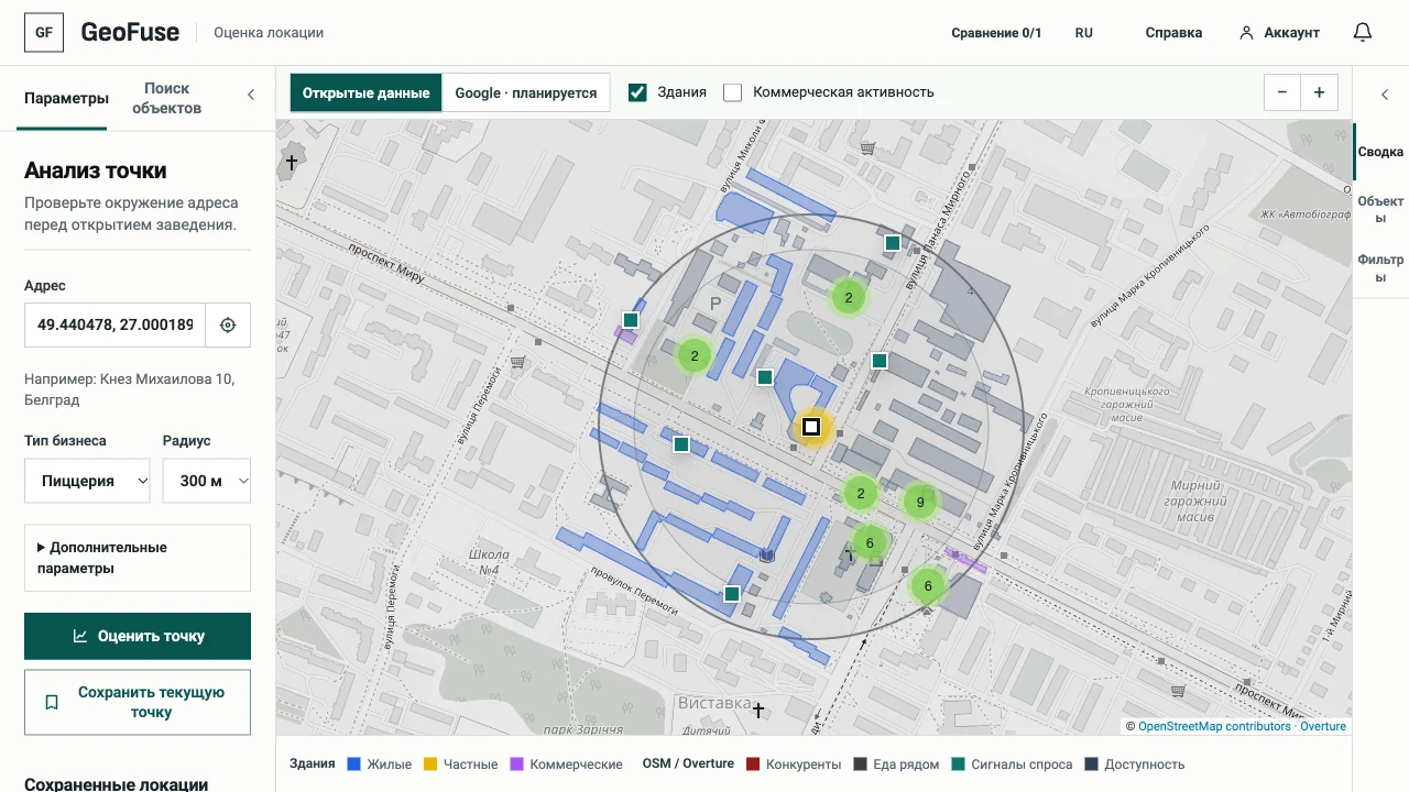 Панель настройки адреса, типа бизнеса и радиуса анализа