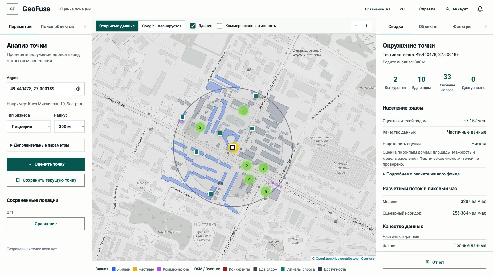 Рабочий экран GeoFuse с картой и панелями оценки локации